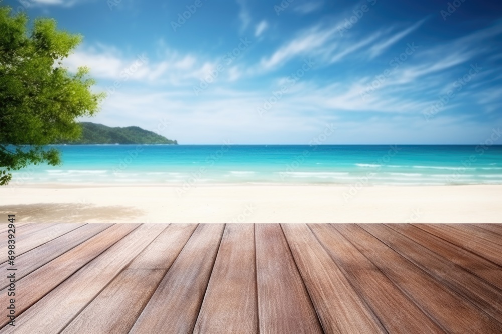 Fototapeta premium Table wood desk of space and summer beach landscape. Empty wooden table. Empty wood table over blue sea, beach background in summer day. With copy space for your product