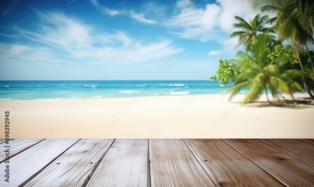 Table wood desk of space and summer beach landscape. Empty wooden table. Empty wood table over blue sea, beach background in summer day. With copy space for your product Table wood desk of space and summer beach landscape. Empty wooden table. Empty wood table over blue sea, beach background in summer day. With copy space for your product