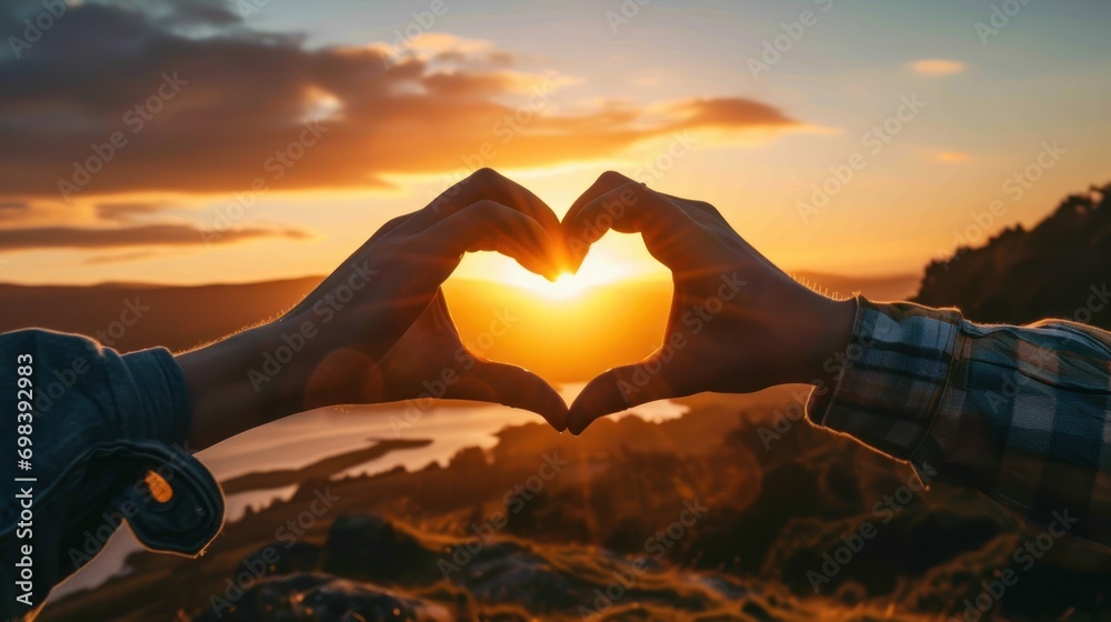A couple's hands forming a heart shape over a sunset, shared moments. - obrazy, fototapety, plakaty 