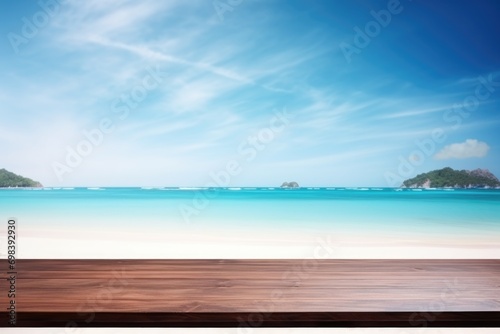 Table wood desk of space and summer beach landscape. Empty wooden table. Empty wood table over blue sea, beach background in summer day. With copy space for your product © megavectors