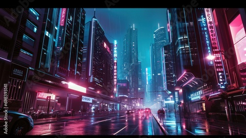 A futuristic cityscape with neon lights and high-tech architecture at night