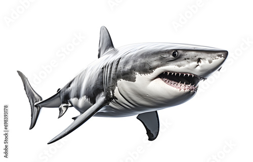 Picture shark draw by watercolor swims isolated on cut out PNG or transparent background. Realistic fish animal clipart template pattern. Open toothy dangerous mouth with many teeth.