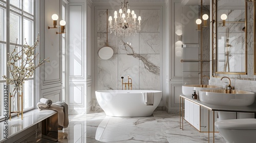 A spacious and luxurious bathroom with a freestanding tub and elegant fixtures photo