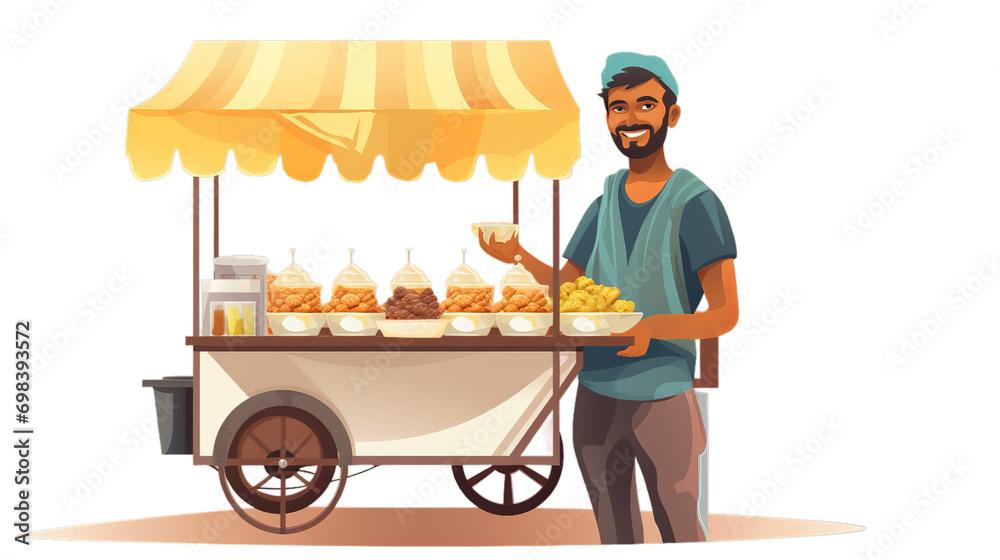 An Indian man is selling pani puri on street,Isolated on transparent PNG background, Generative ai - obrazy, fototapety, plakaty 