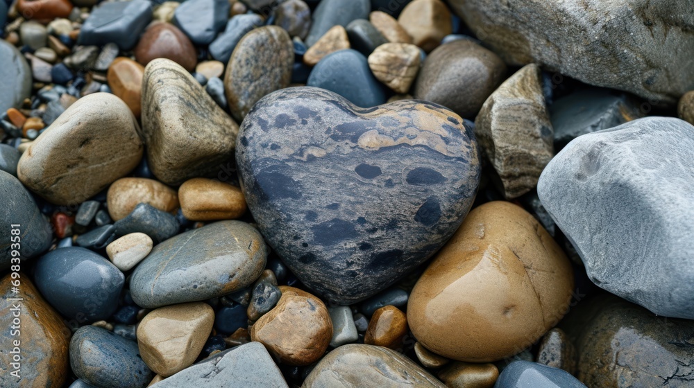 A heart-shaped rock among other stones, unique love in nature. A heart-shaped rock among other stones, unique love in nature.