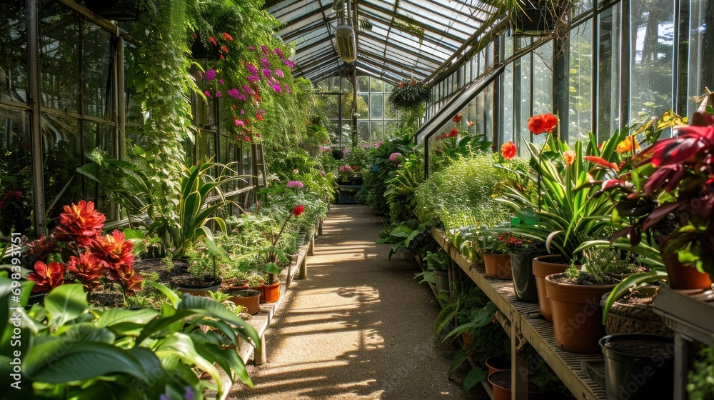 A lush greenhouse filled with exotic plants and vibrant flowers