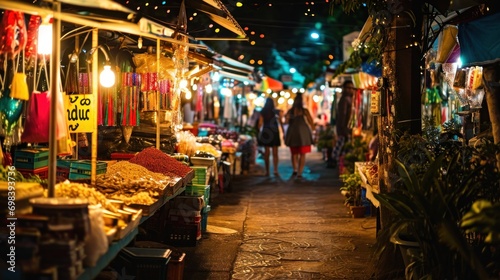 A lively street market at night with colorful lights and local crafts © Bijac