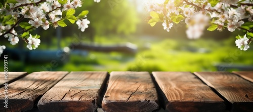 A Table Amidst Trees in Full Bloom, with a Defocused Sunny Garden in the Background. Made with Generative AI Technology