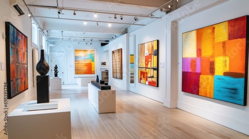 A modern art gallery with abstract paintings and sculptures on display