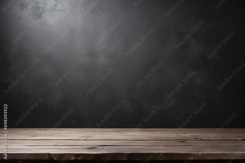 Empty dark wooden tabletop on old gray concrete plaster background Empty dark wooden tabletop on old gray concrete plaster background