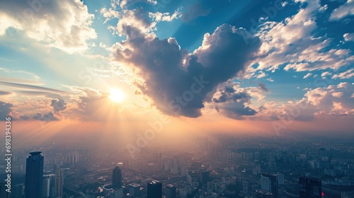 Heart-shaped clouds over a multicultural city skyline