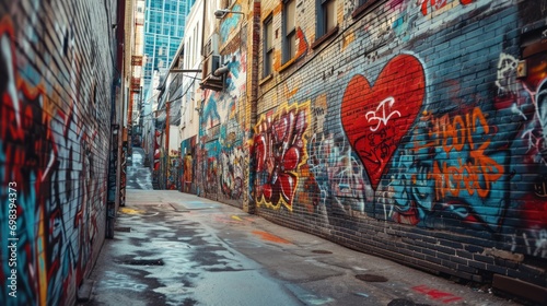 Heart-shaped graffiti art on a diverse urban alleyway