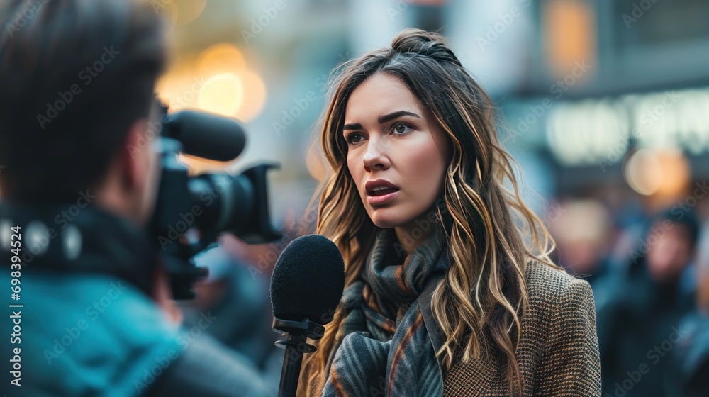 Obraz premium A young professional politician woman being interviewed live by a TV broadcast channel with microphones and cameras, at a press conference on a city street.
