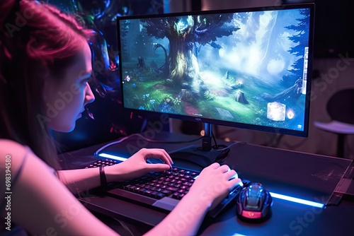 wroclaw poland september 04th 2018 woman playing ori blind forest game dell laptop ori blind forest platform video game developed moon studios photo