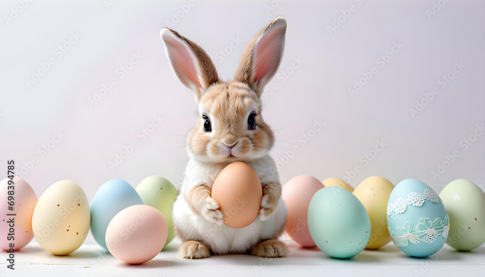 Cute rabbit holding eggs in pastel colors. Easter egg concept greeting card
