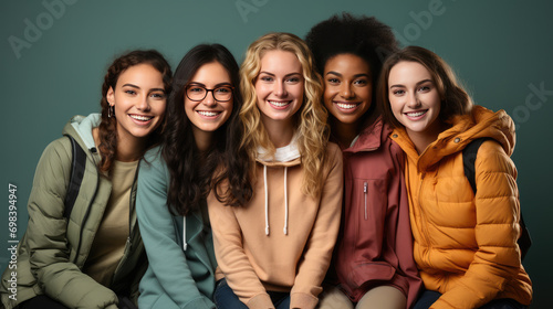 group of friends smiling, studio shot