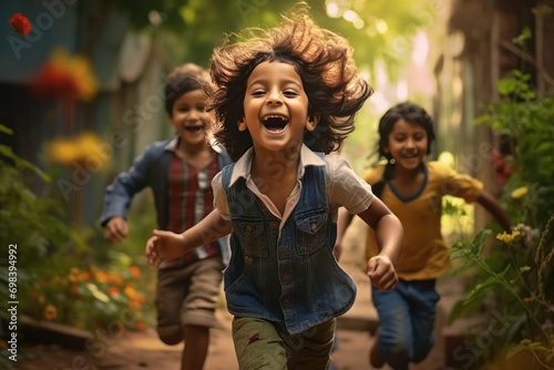 Indian children group running and playing together