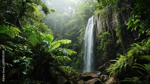 Rainforest waterfall with lush greenery and natural beauty