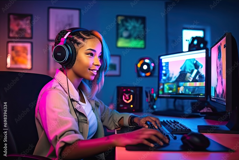 portrait pretty excited black gamer girl headphones smiling camera she sitting chair next powerful personal computer home pc lit neon lights portrait pretty excited black gamer girl headphones smiling camera she sitting chair next powerful personal computer home pc lit neon lights