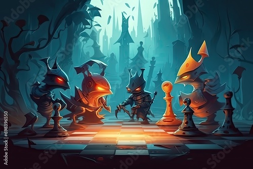 Fantasy chess where pieces alive, cartoon, stylized style, game landscape background