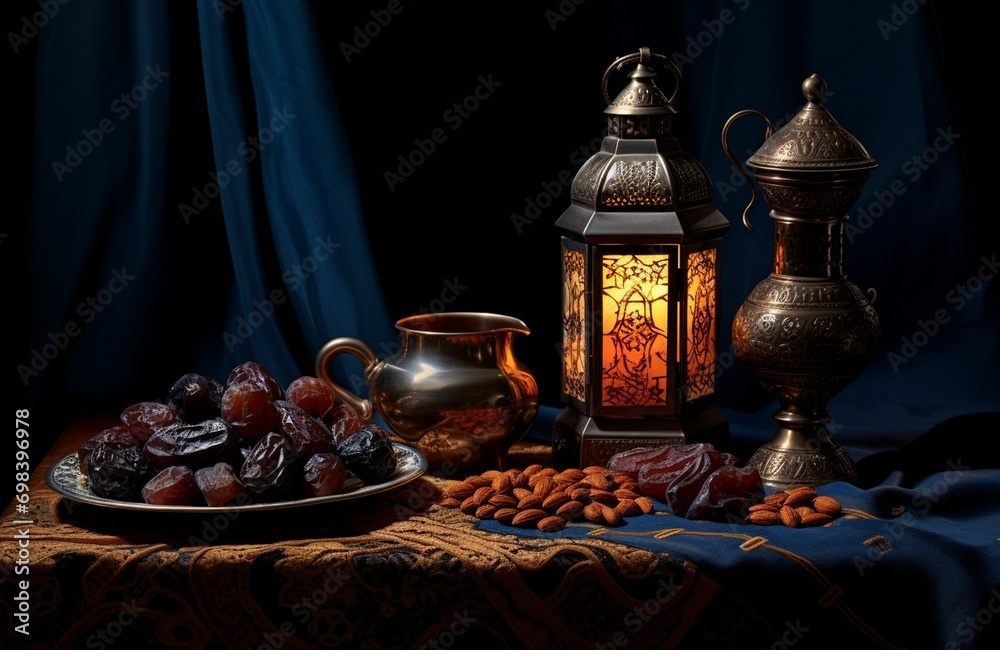 Ramadan Kareem greeting card with dates and lantern on wooden table