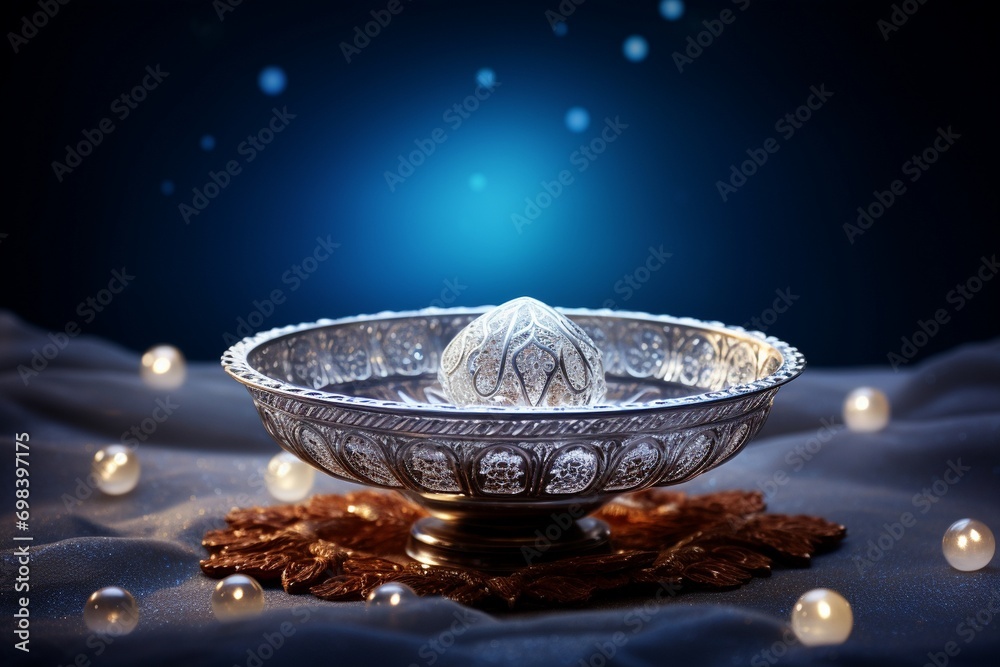 Elegant silver bowl with pearls on a dark blue background Elegant silver bowl with pearls on a dark blue background