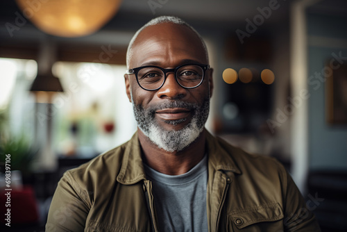 Portrait of a cheerful African American senior man standing at home inside living room looking at camera