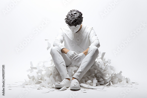 overthinking person wearing white Dess and sitting down with stressful mind, white background, Mental Stress and Anxiety. photo