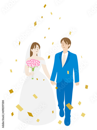 手をつないで幸せそうに歩く新郎新婦と紙吹雪