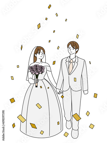 手をつないで幸せそうに歩く新郎新婦と紙吹雪