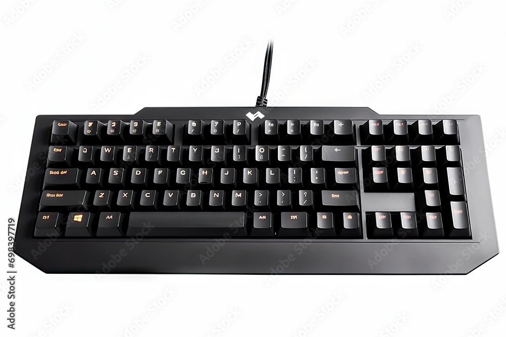 Photo black gaming keyboard isolated white background, top view