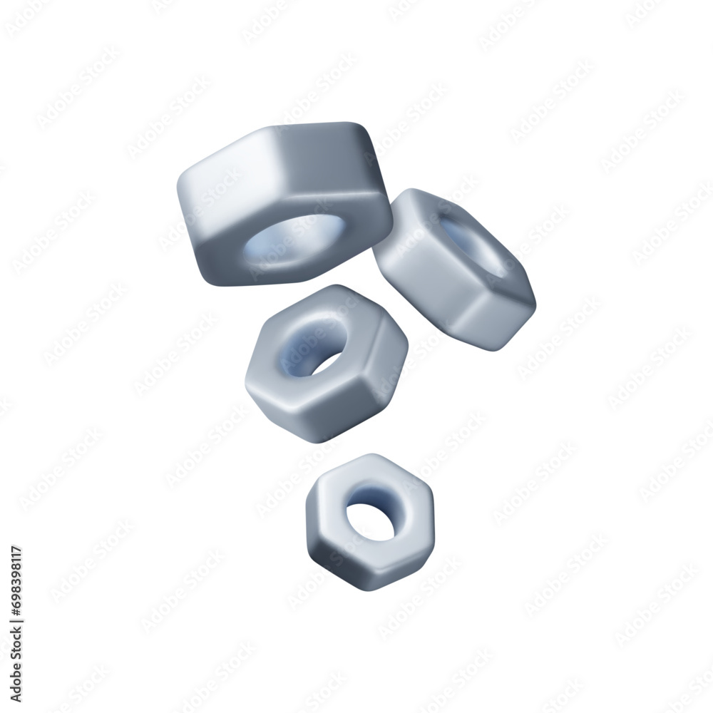 3D Hex Nuts Screw Pile Isolated on White. Render Nut in Various Angles