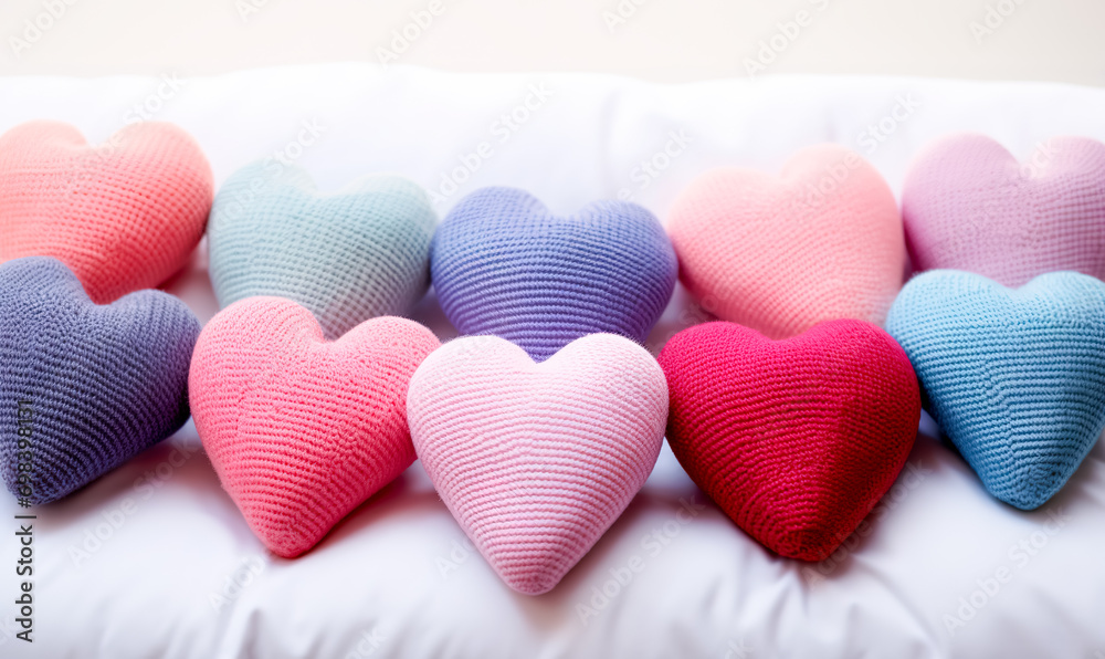 Fototapeta premium Mixed colors yarn heart. Adorable little heart crocheted by hand. Valentine romance love forever theme