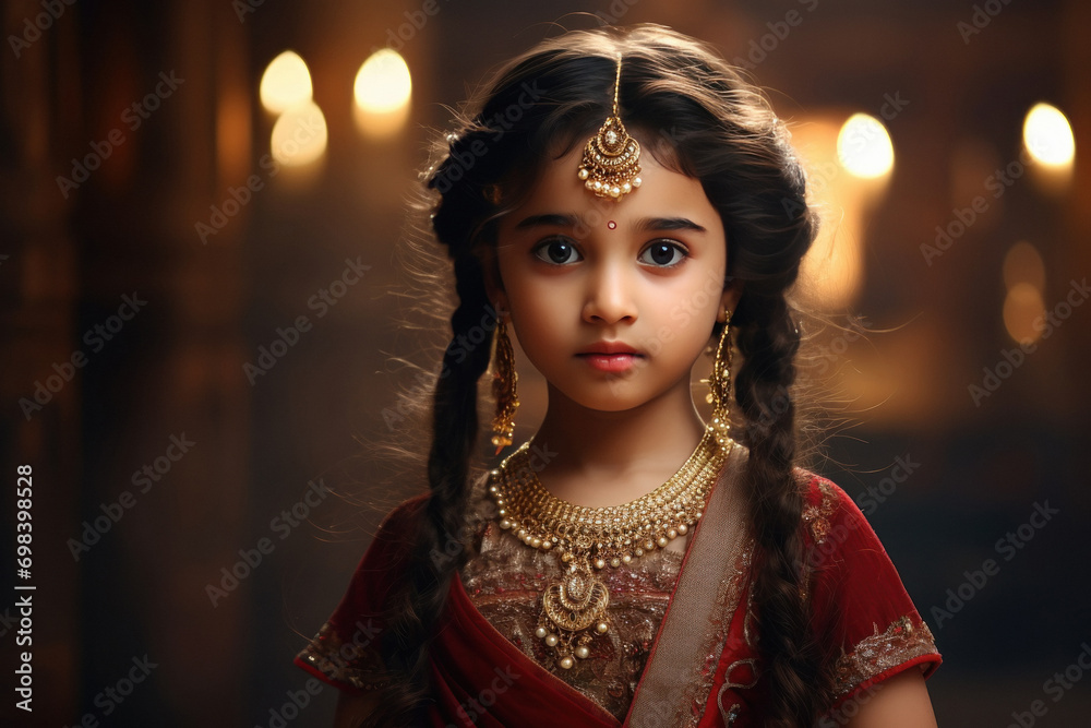 Cute indian little girl child in traditional dress ghagra choli - obrazy, fototapety, plakaty 