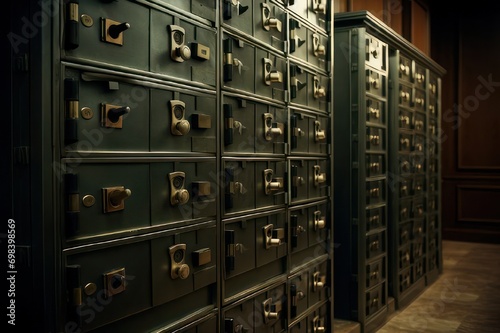 Rows of luxurious safe deposit boxes in a bank vault photo