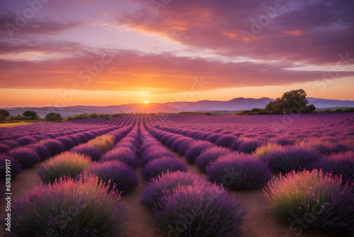 A landscape of a lavender flower field at sunset