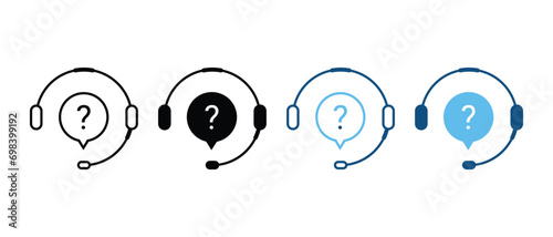 FAQ Silhouette Icon Set. Question and Answer Pictogram. Customer Support Service Symbol Collection. Online Operator, Headset with Speech Bubble and Question Mark Sign. Isolated Vector