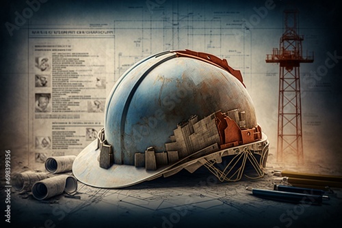 Construction site with blueprint and hard hat. Generative AI photo