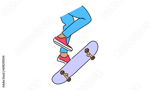 line art color illustration of young cool skateboarder man riding skate and performing jump trick
