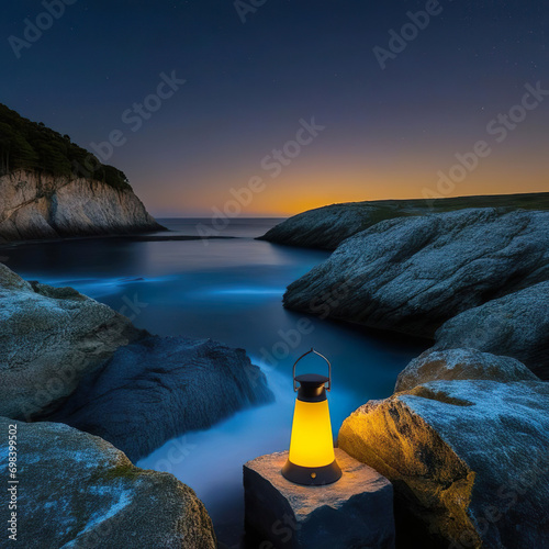 Farol encendido sobre una roca frente al mar junto a la costa con un anochecer y puesta de sol de fondo photo