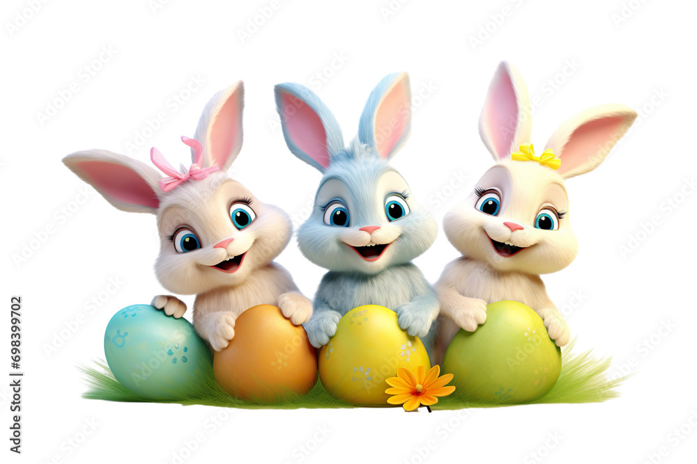 Fototapeta premium cute Easter Bunnies in pastel colors, with a pile of Easter eggs. Isolated on a white background