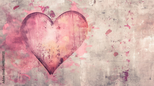 Celebrate Valentine's Day with a grunge-textured background image with a red painted heart on a discolored wall showing love, passion, romance and desire, unique image with room for copyspace © Vivid Pixels