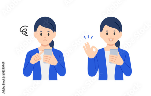 スマホを見て悩む･OKポーズをするビジネスパーソン女性のセット【人物ベクターイラスト素材】