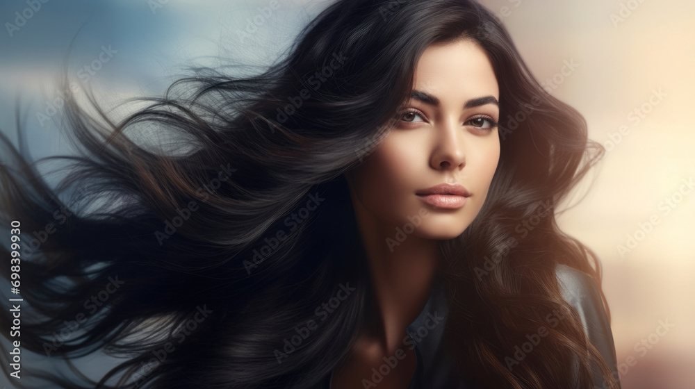 Portrait of a stunning woman with voluminous flowing dark hair and a soft-focus background, exuding elegance and beauty. Portrait of a stunning woman with voluminous flowing dark hair and a soft-focus background, exuding elegance and beauty.