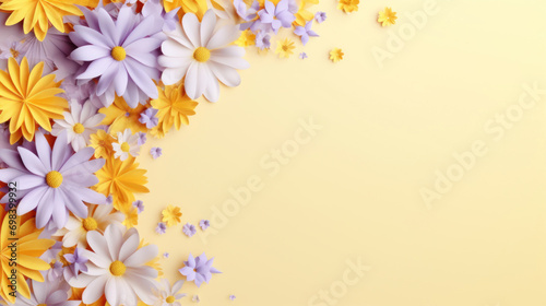 A cheerful floral border with white, purple, and yellow daisies on a sunny yellow background, perfect for spring. © tashechka