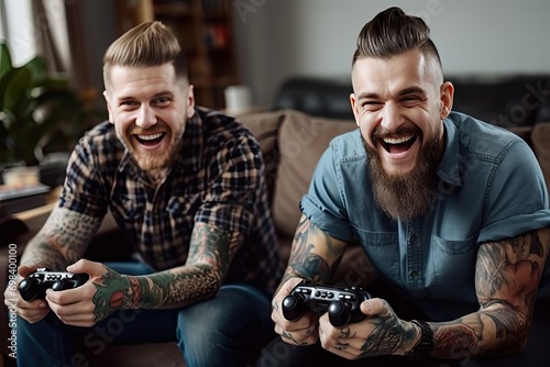 portrait two excited adult men tattoos enjoying video game competition smiling cheerfully holding wireless controllers while sitting couch living room