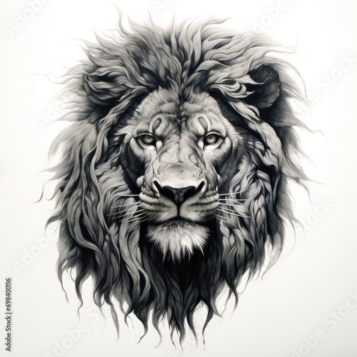 greytone drawing of a lions head on white background