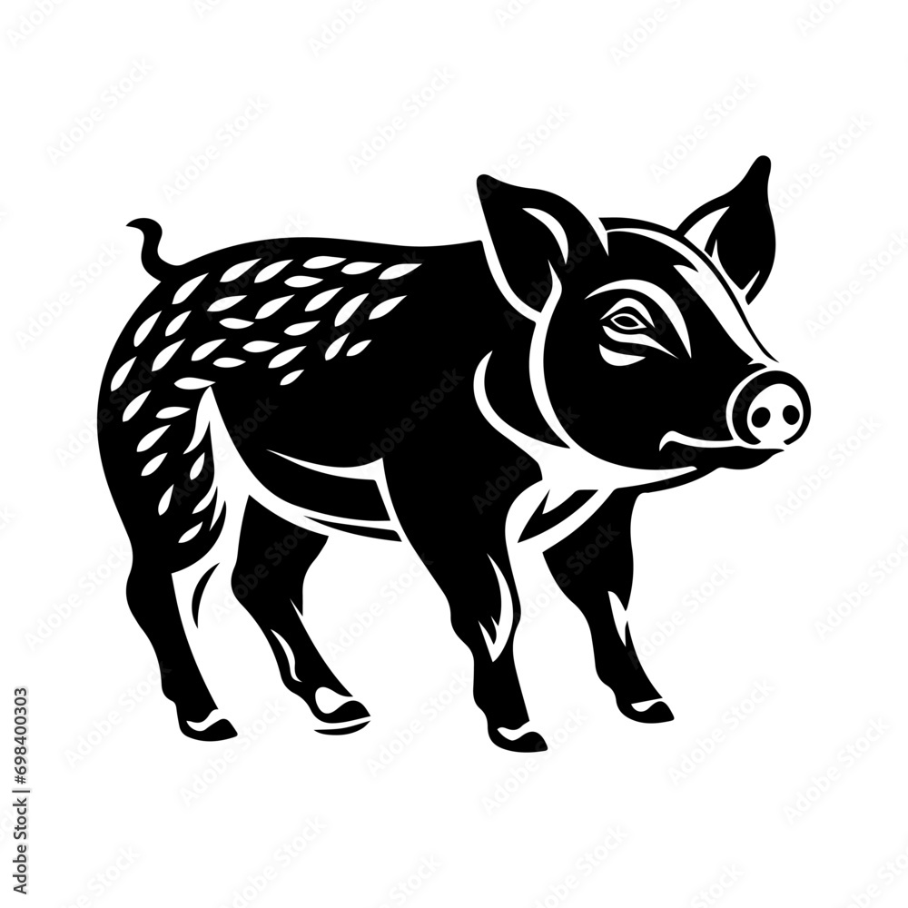 Pet pig in linocut textured style. Isolated on white background vector illustration