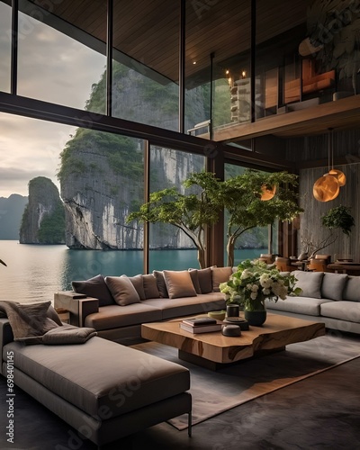 modern living room.A sunlit living room with floor-to-ceiling windows ove.
