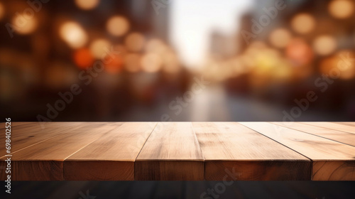 A wooden table leads the perspective to a background of softly blurred evening lights, creating a mood of urban twilight.
